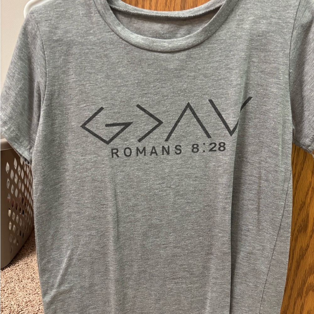 Gray Graphic Tee with 'Romans 8:28' Print